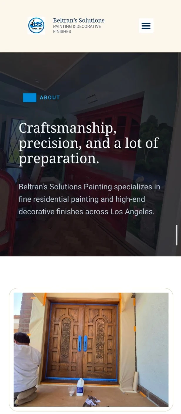 Beltran's Solutions mobile about page: “Craftsmanship, precision, and a lot of preparation.”