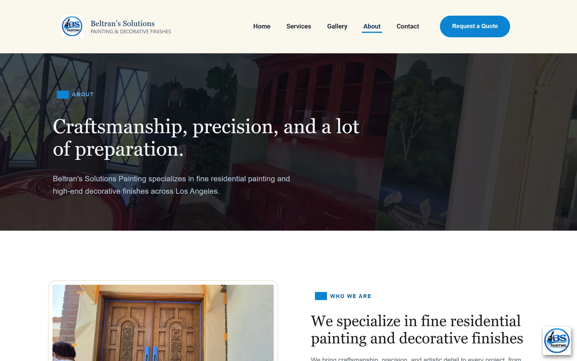 Beltran's Solutions desktop about page: “Craftsmanship, precision, and a lot of preparation.”