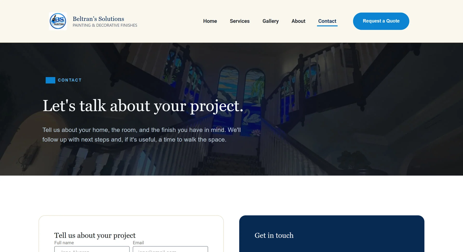 Beltran's Solutions desktop contact page: “Let's talk about your project.”