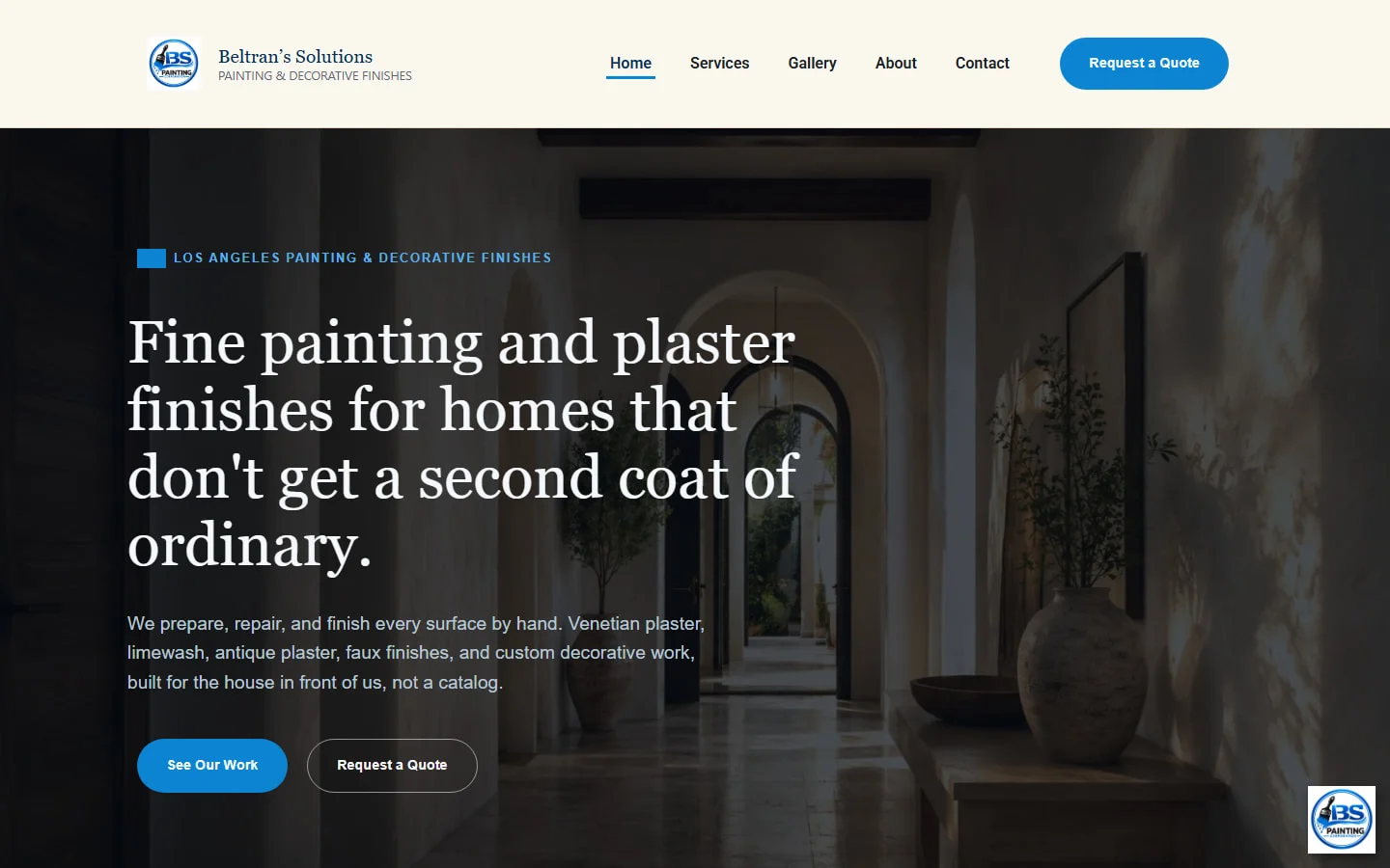 Beltran's Solutions desktop homepage with a dark arched-hallway hero and serif headline