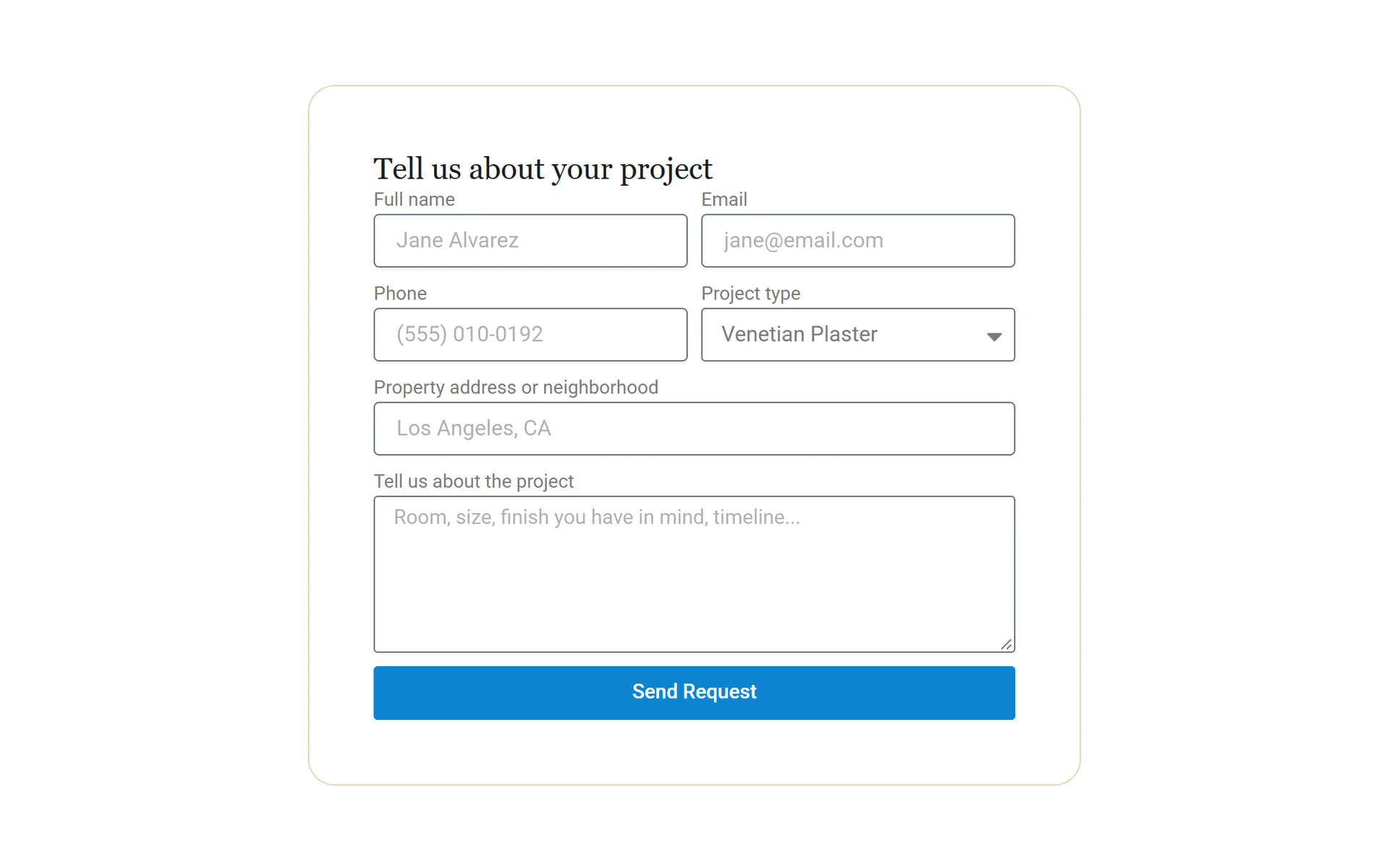 Desktop quote request form asking for name, email, phone, project type, property area and project details