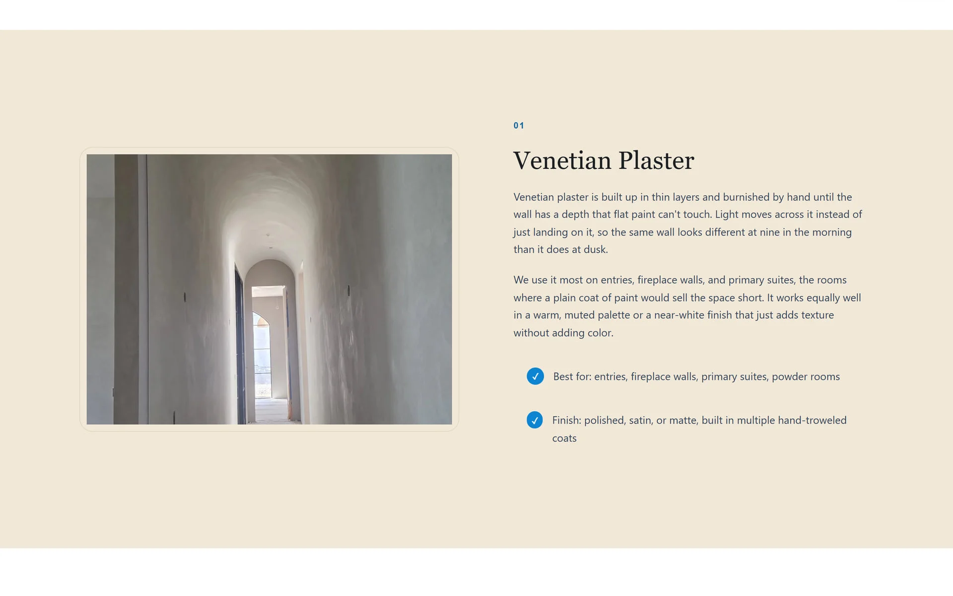 Venetian Plaster service section with project photo, description and checklist