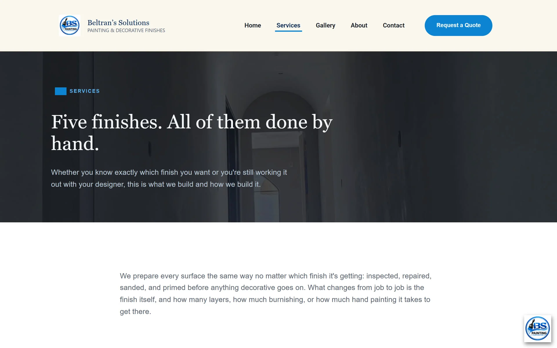 Beltran's Solutions desktop services page: “Five finishes. All of them done by hand.”