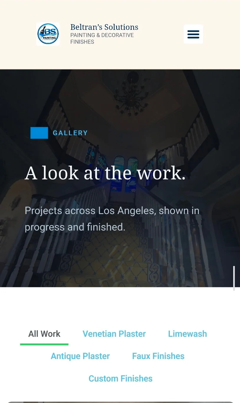 Beltran's Solutions mobile gallery page with project category filters