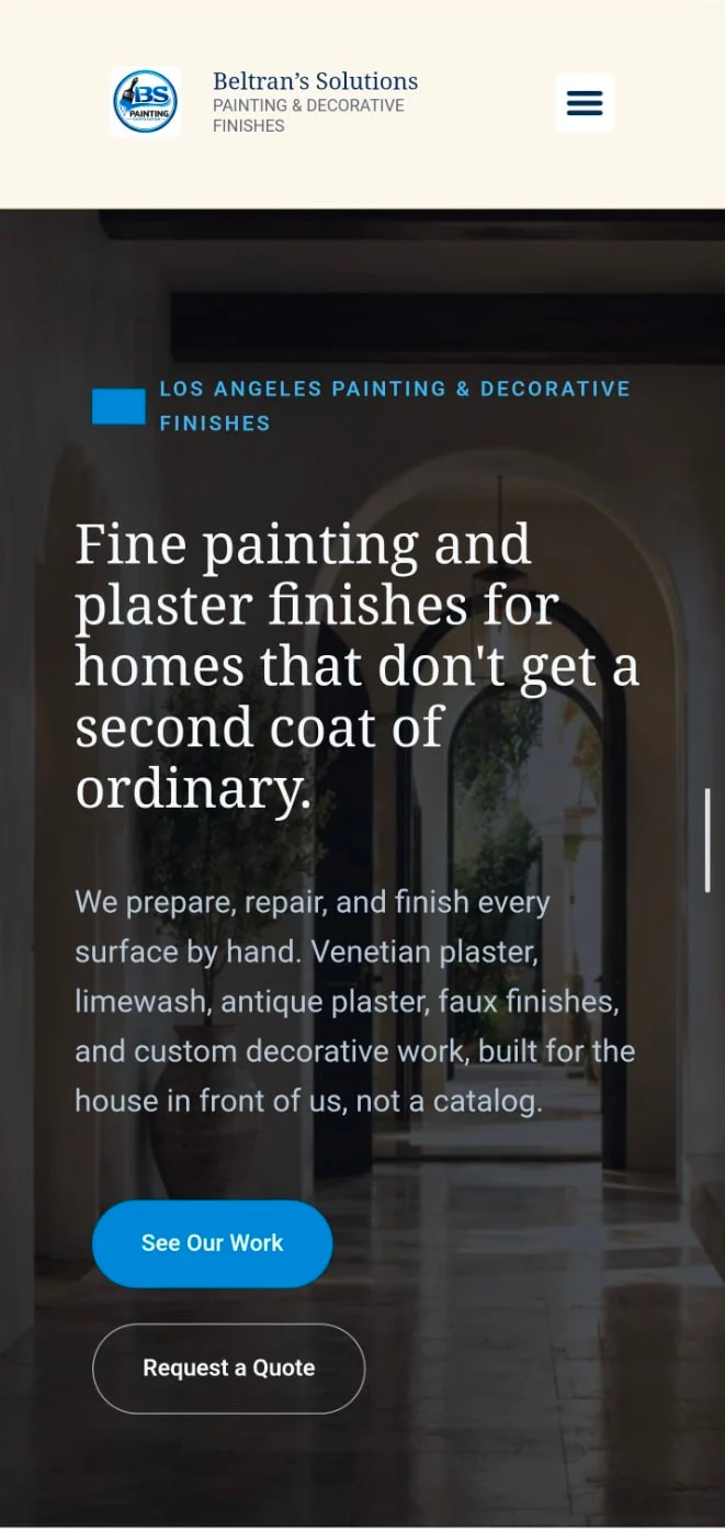 Beltran's Solutions mobile homepage with the headline “Fine painting and plaster finishes for homes that don't get a second coat of ordinary.”