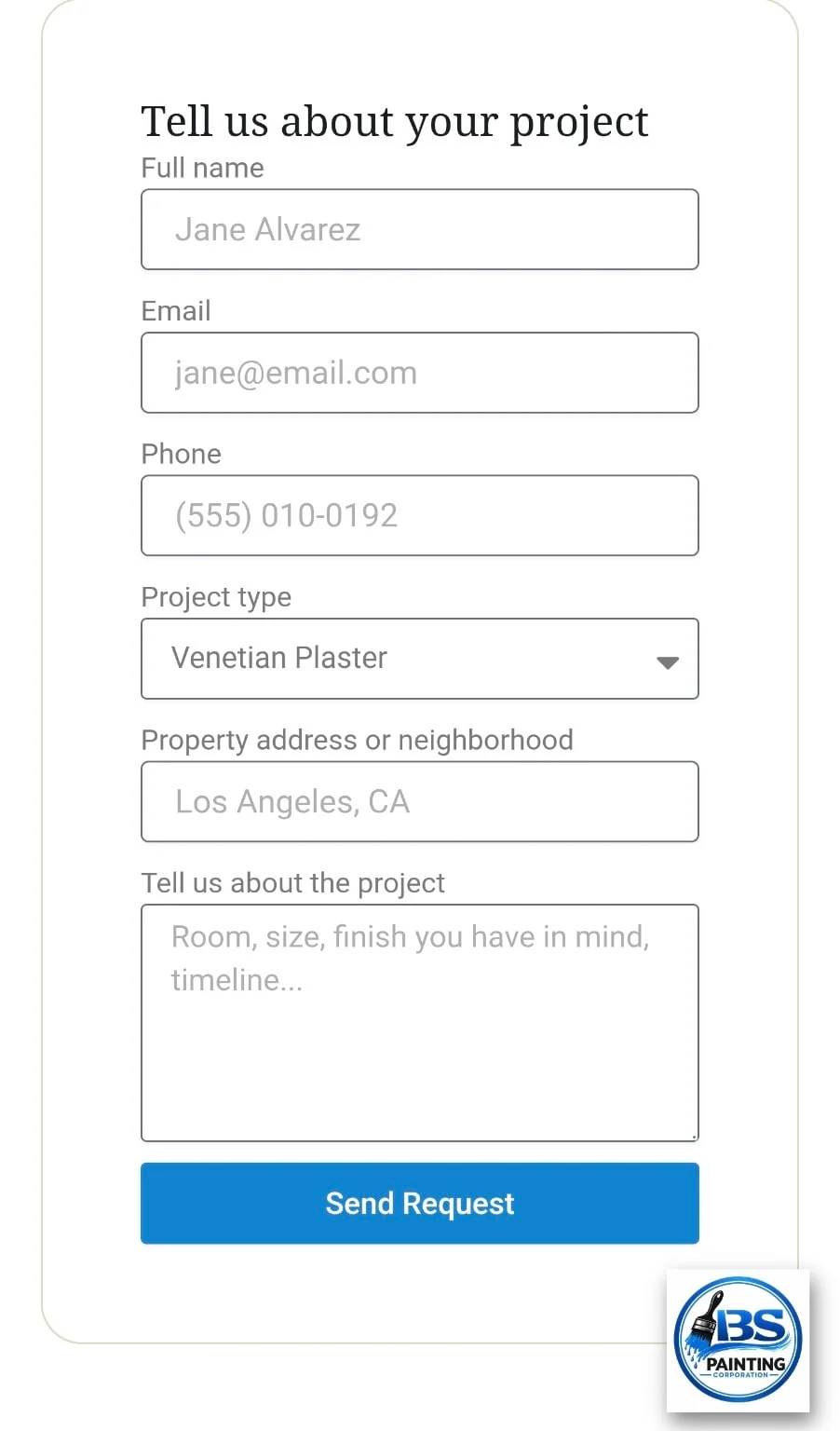 Beltran's Solutions quote request form asking for name, email, phone, project type, address and project details
