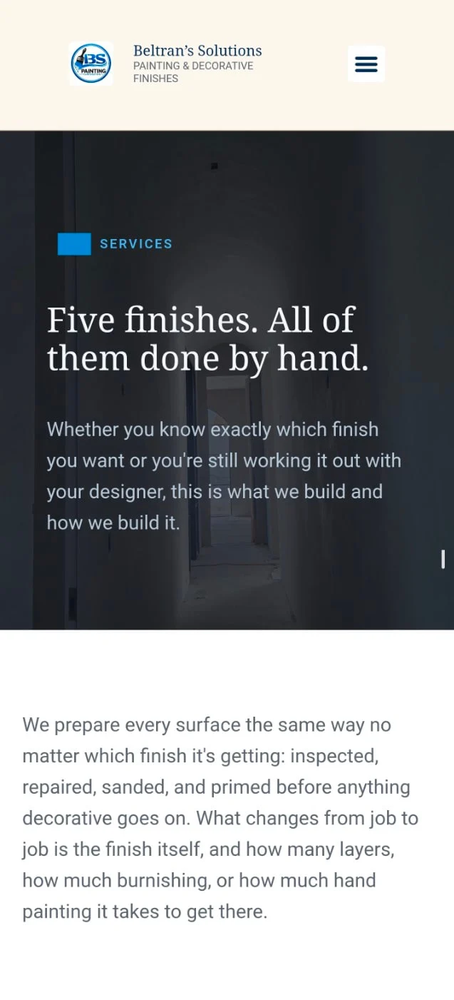 Beltran's Solutions mobile services page introducing five hand-applied finishes