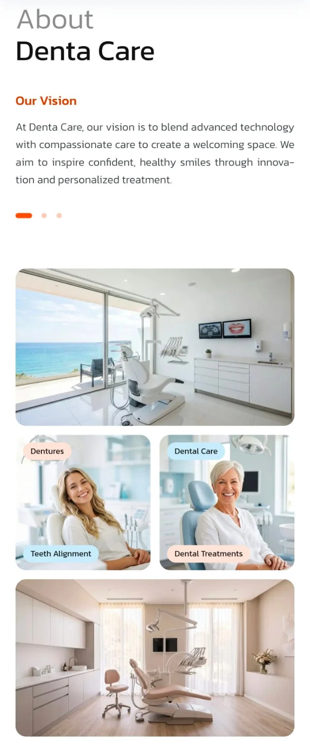 Denta Care about section with bright clinic photography