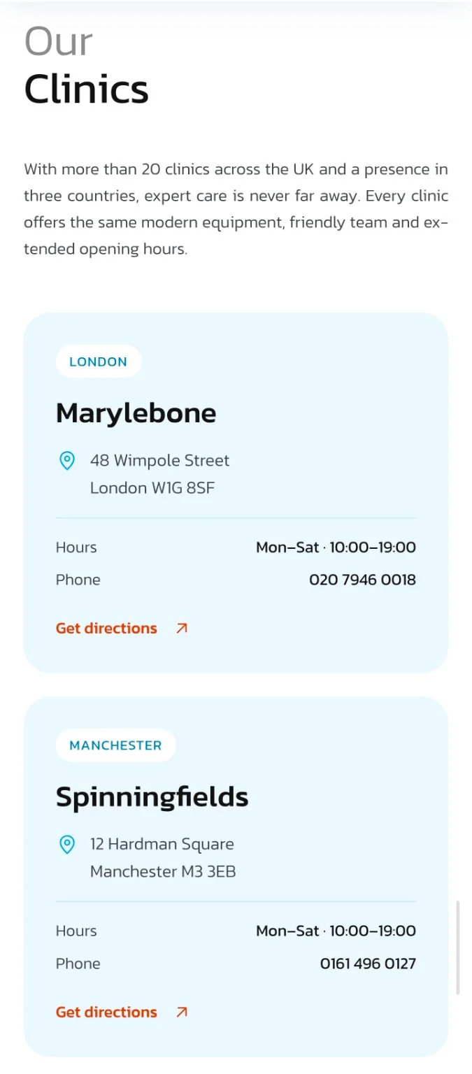 Denta Care clinic location cards with addresses, opening hours and directions links