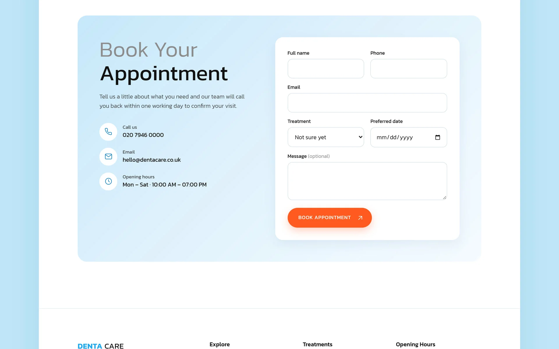 Denta Care “Book Your Appointment” panel with contact details beside the booking form
