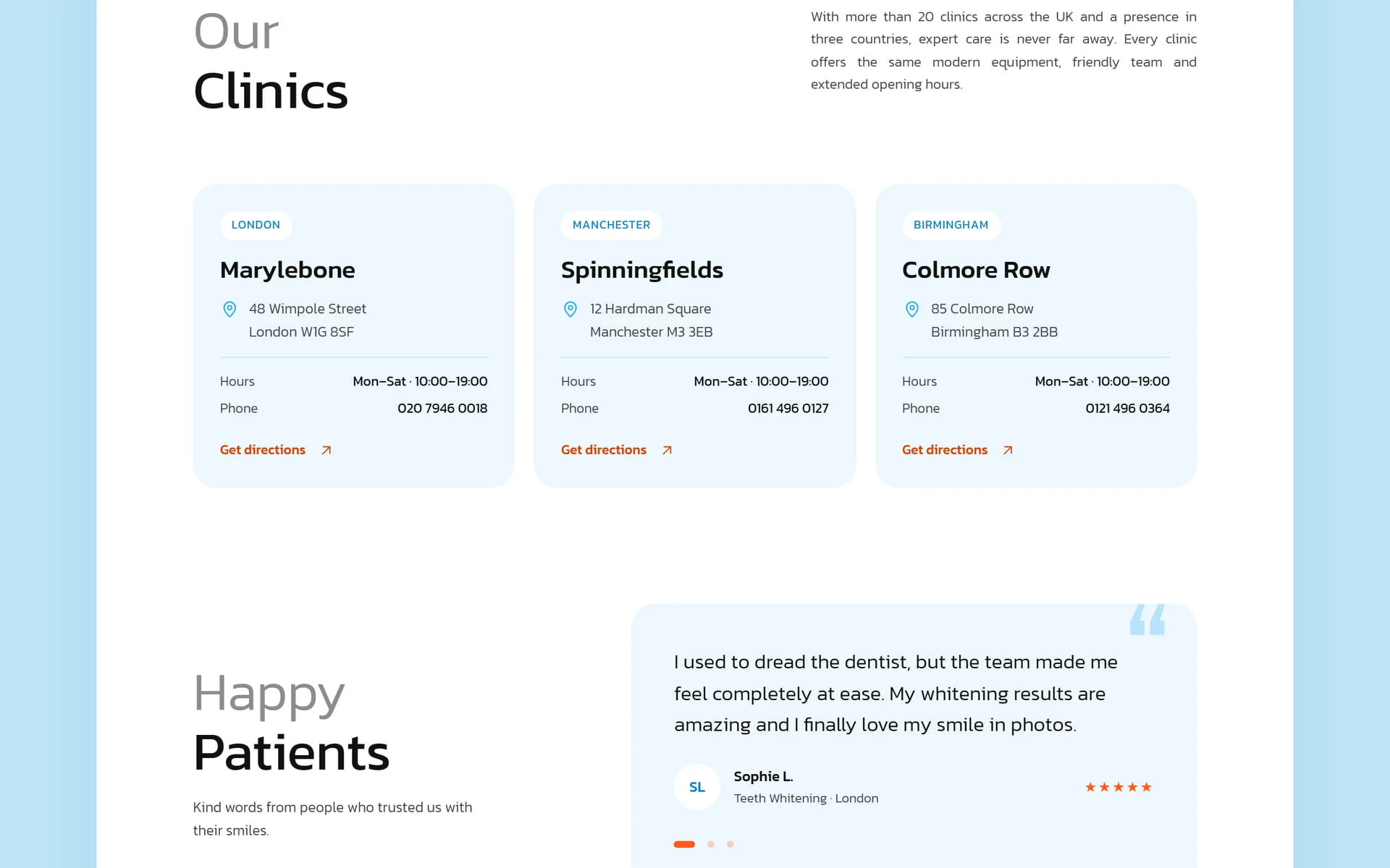 Denta Care clinic cards and patient testimonial slider