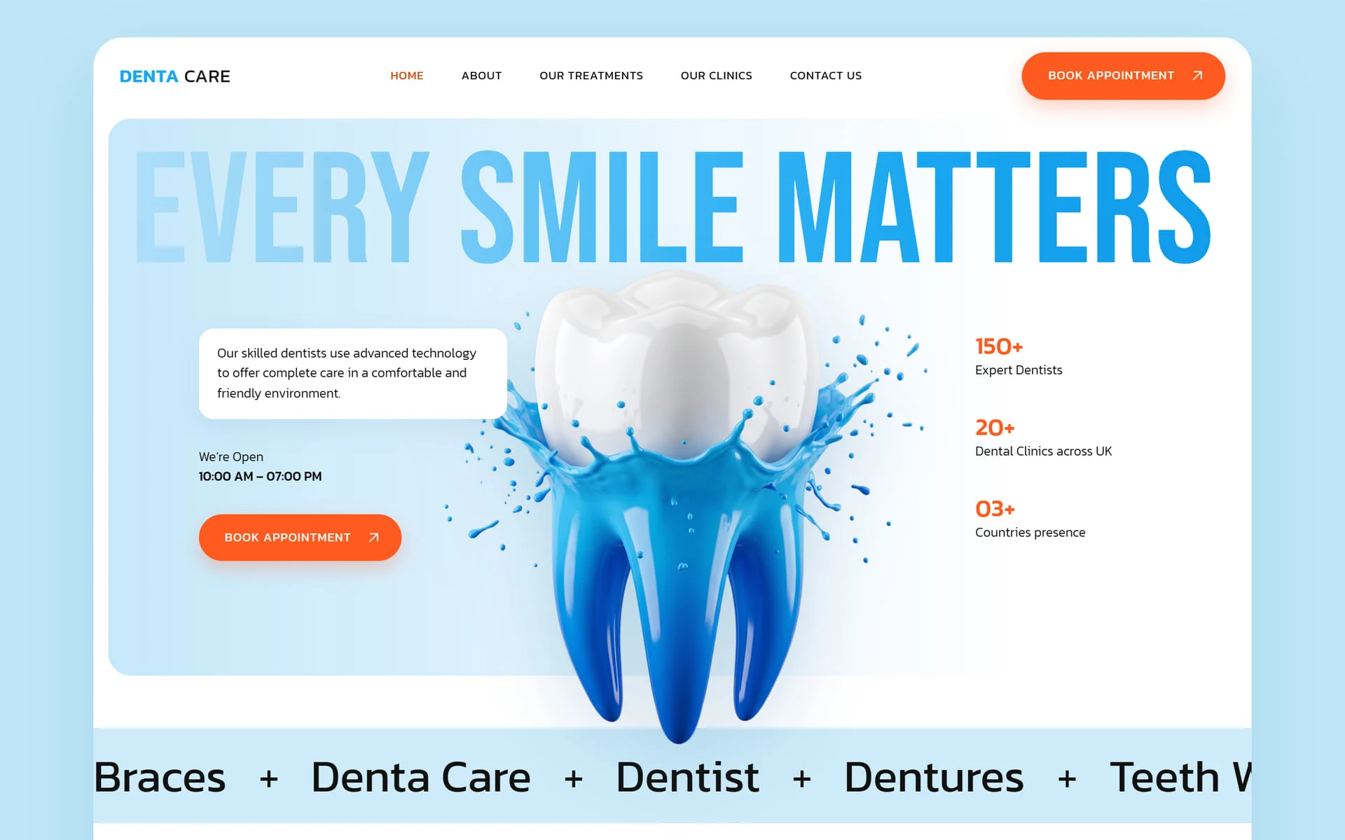Denta Care desktop homepage: a giant “Every Smile Matters” headline behind a 3D tooth splashing into blue liquid