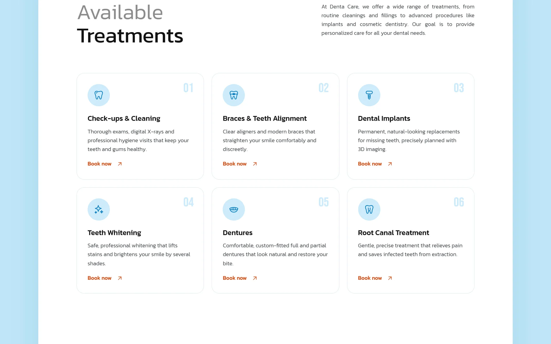Six Denta Care treatment cards, from check-ups and cleaning to root canal treatment