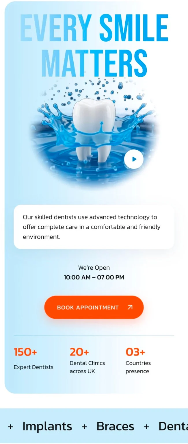 Denta Care mobile homepage: “Every smile matters” with a tooth splashing into blue water