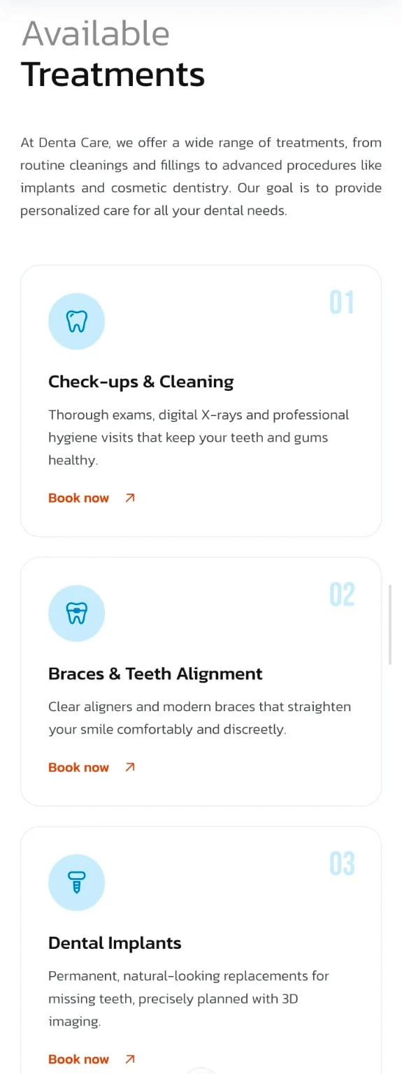 Denta Care treatments section with check-ups, braces and implants cards