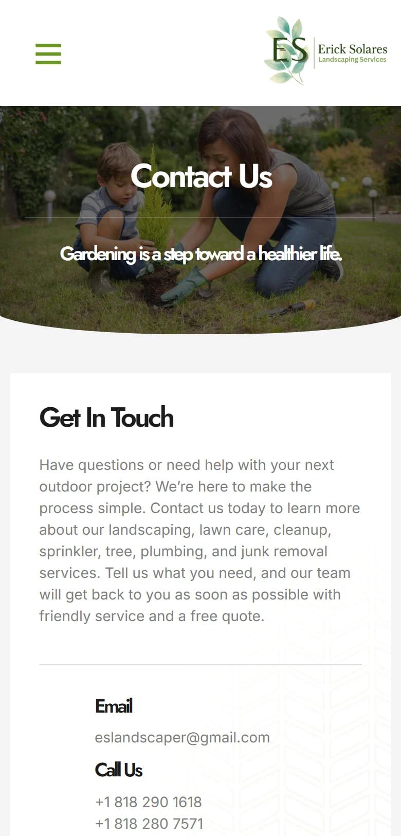 Erick Solares mobile Contact Us page with a “Get In Touch” introduction