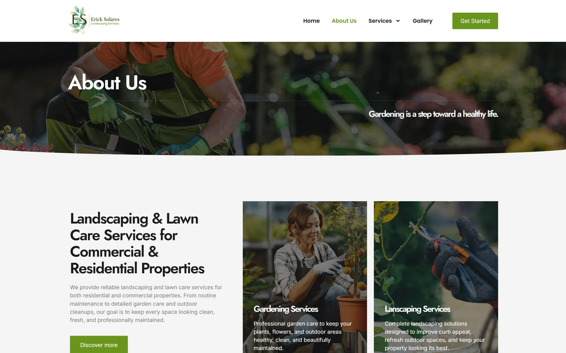 Erick Solares About Us page: landscaping and lawn care services for commercial and residential properties