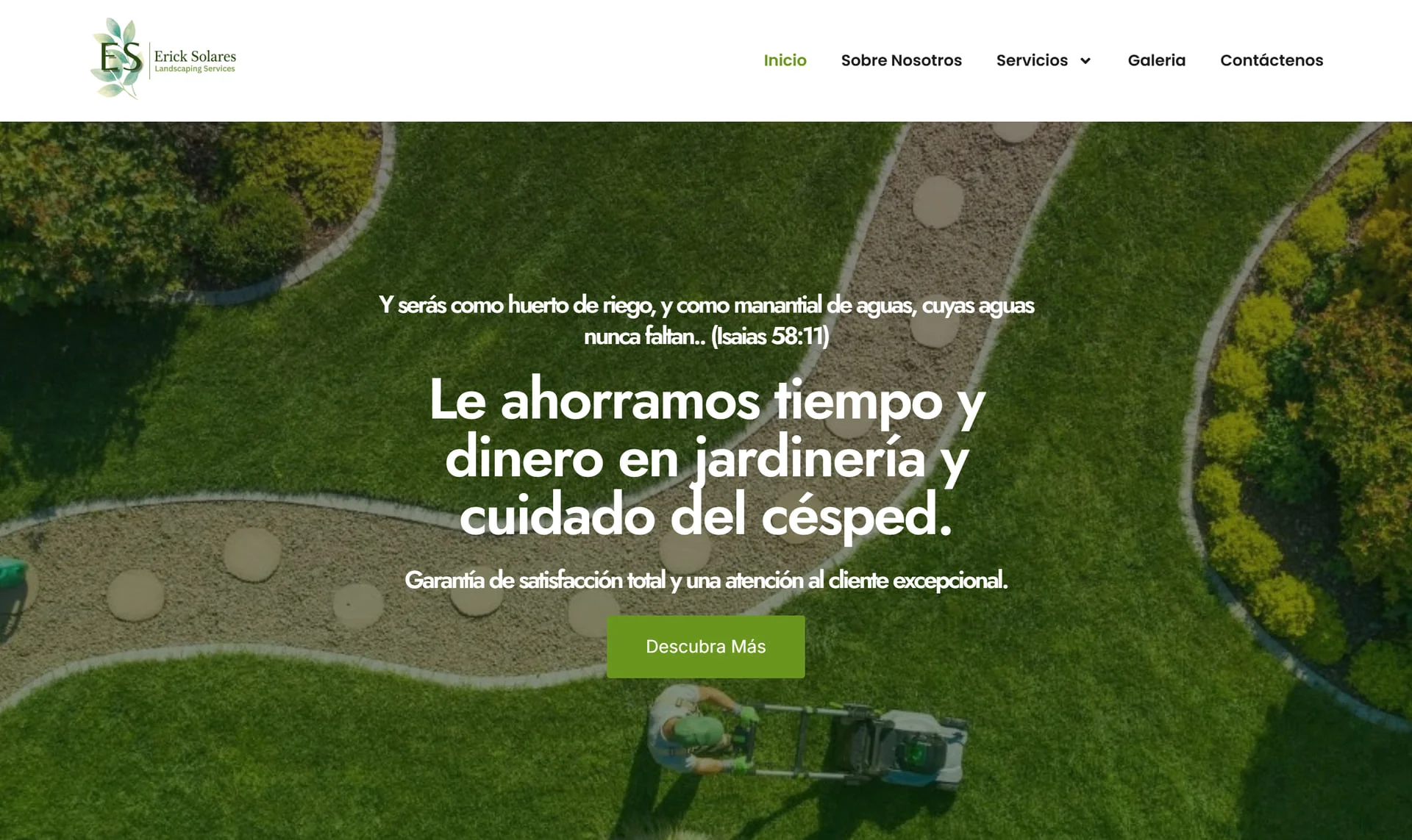 Spanish version of the Erick Solares homepage: “Le ahorramos tiempo y dinero en jardinería y cuidado del césped.”