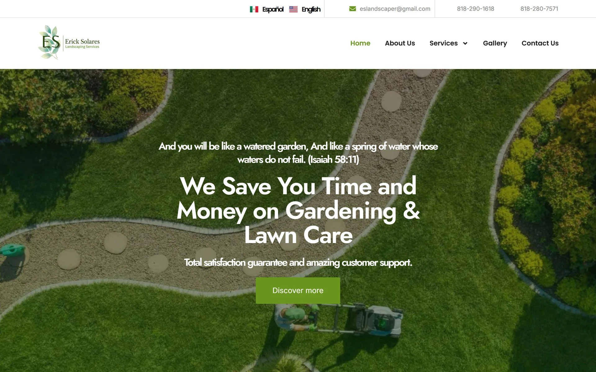 Erick Solares Landscaping homepage: “We Save You Time and Money on Gardening & Lawn Care” over an aerial garden photo