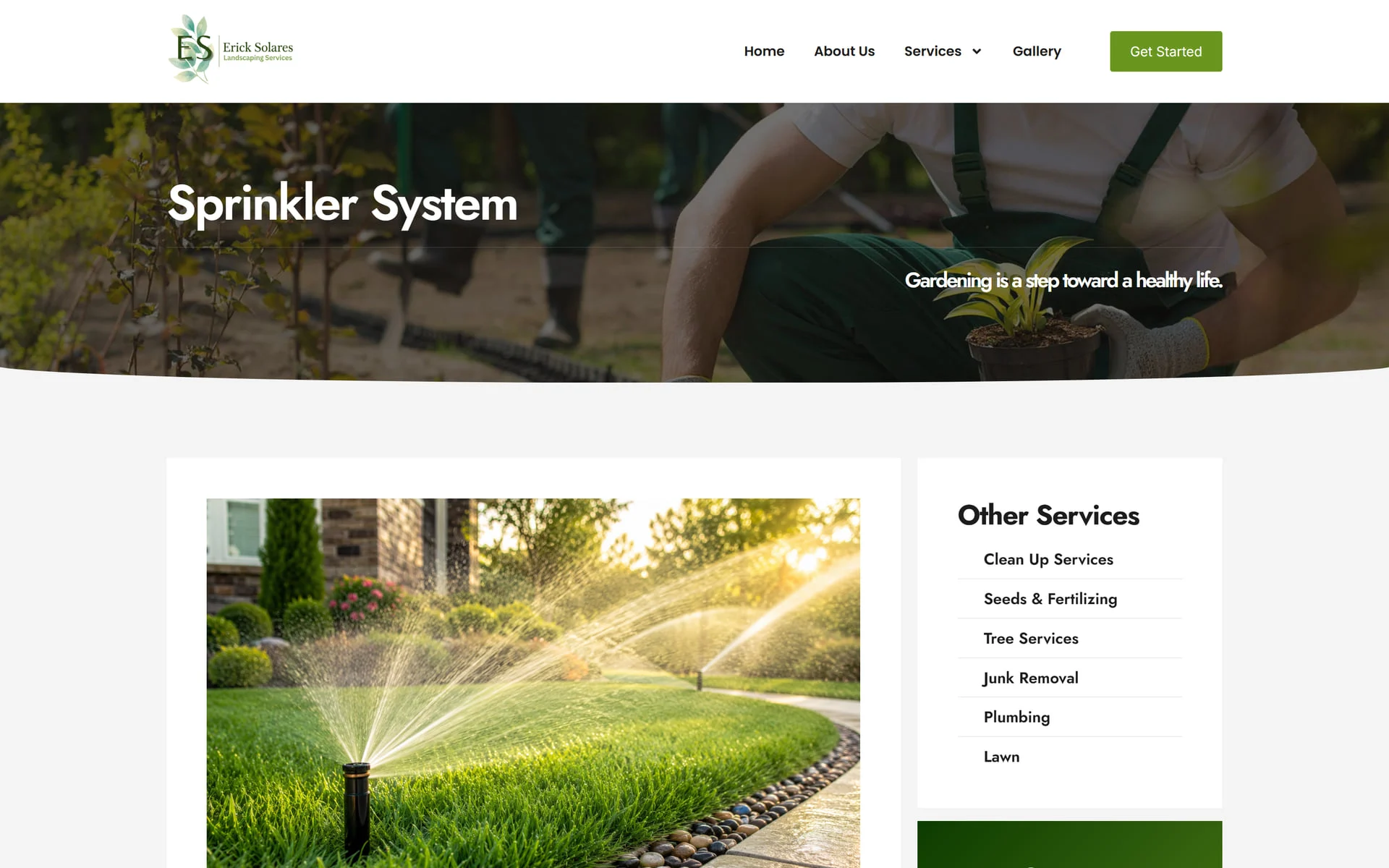 Sprinkler System service page with a photo, description and an “Other Services” sidebar
