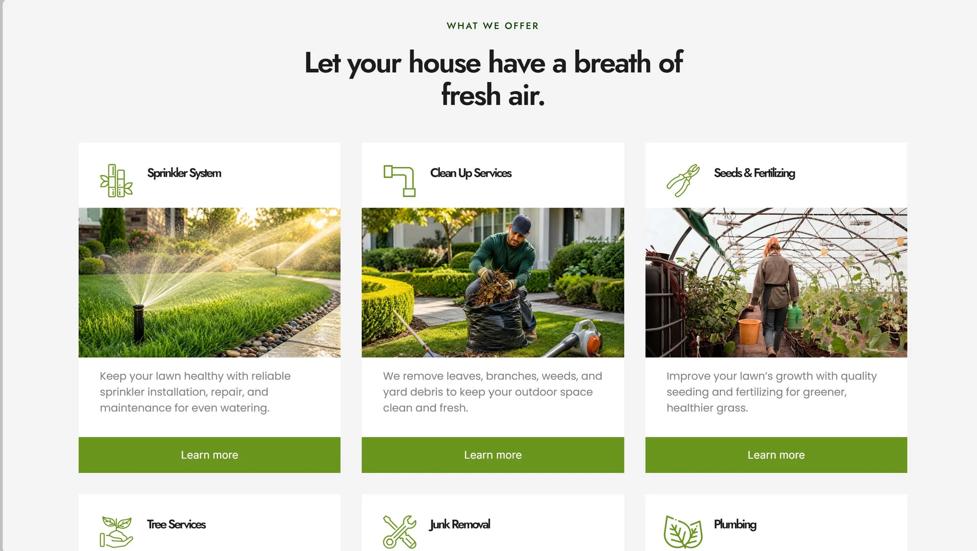 “What we offer” service cards for sprinkler systems, clean-up services, and seeds & fertilizing