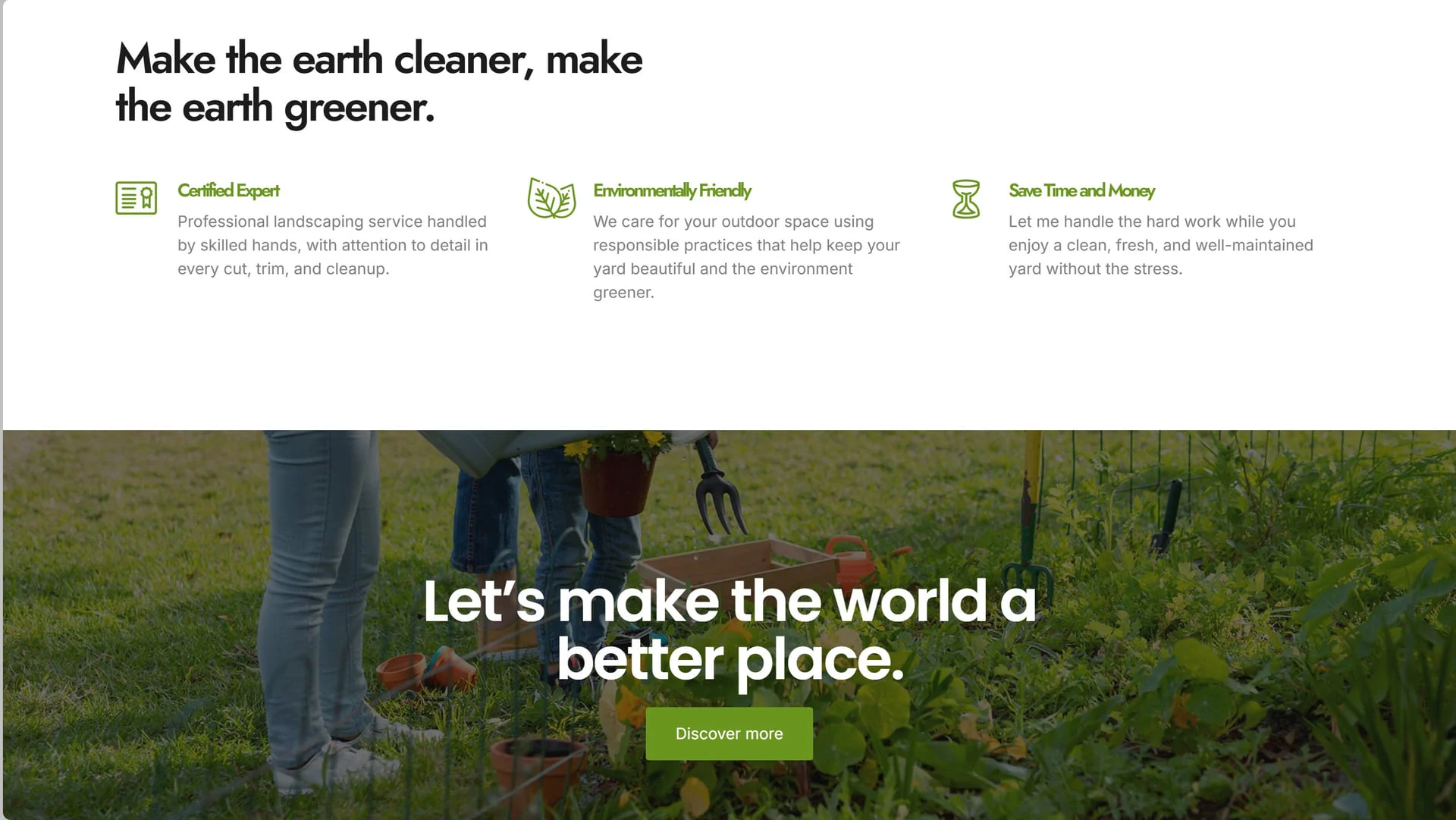 “Make the earth cleaner, make the earth greener” section with three value points