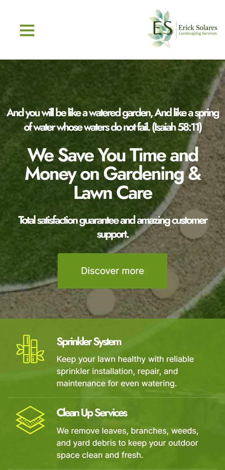 Erick Solares mobile homepage with the lawn-care headline and green service list
