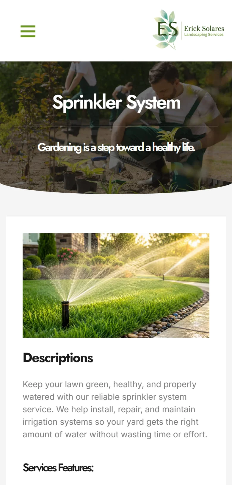 Erick Solares Sprinkler System service page on a phone