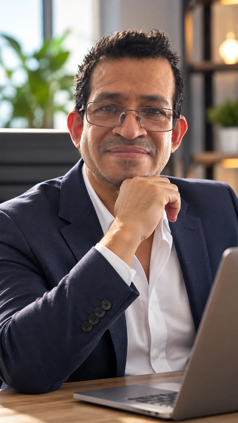 Josué Hernández, web designer and developer, smiling in a blue checked shirt and glasses