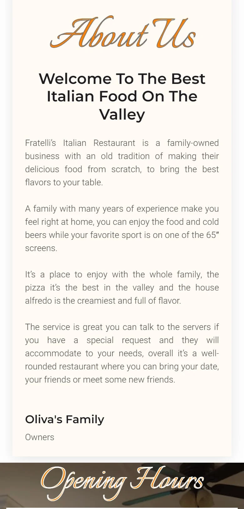 Fratelli's About Us section on a phone