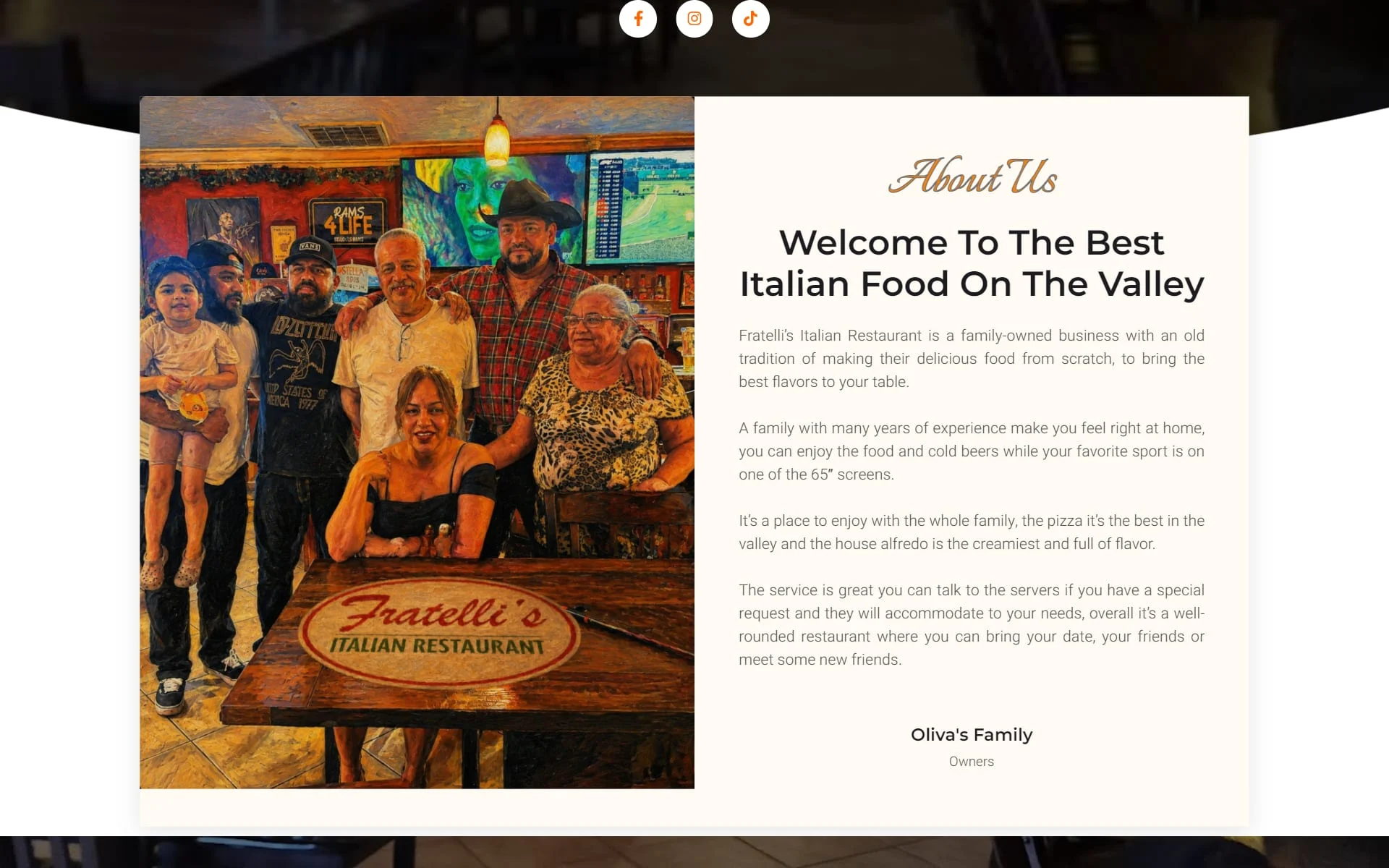 Fratelli's About Us section: a family photo beside “Welcome To The Best Italian Food On The Valley”