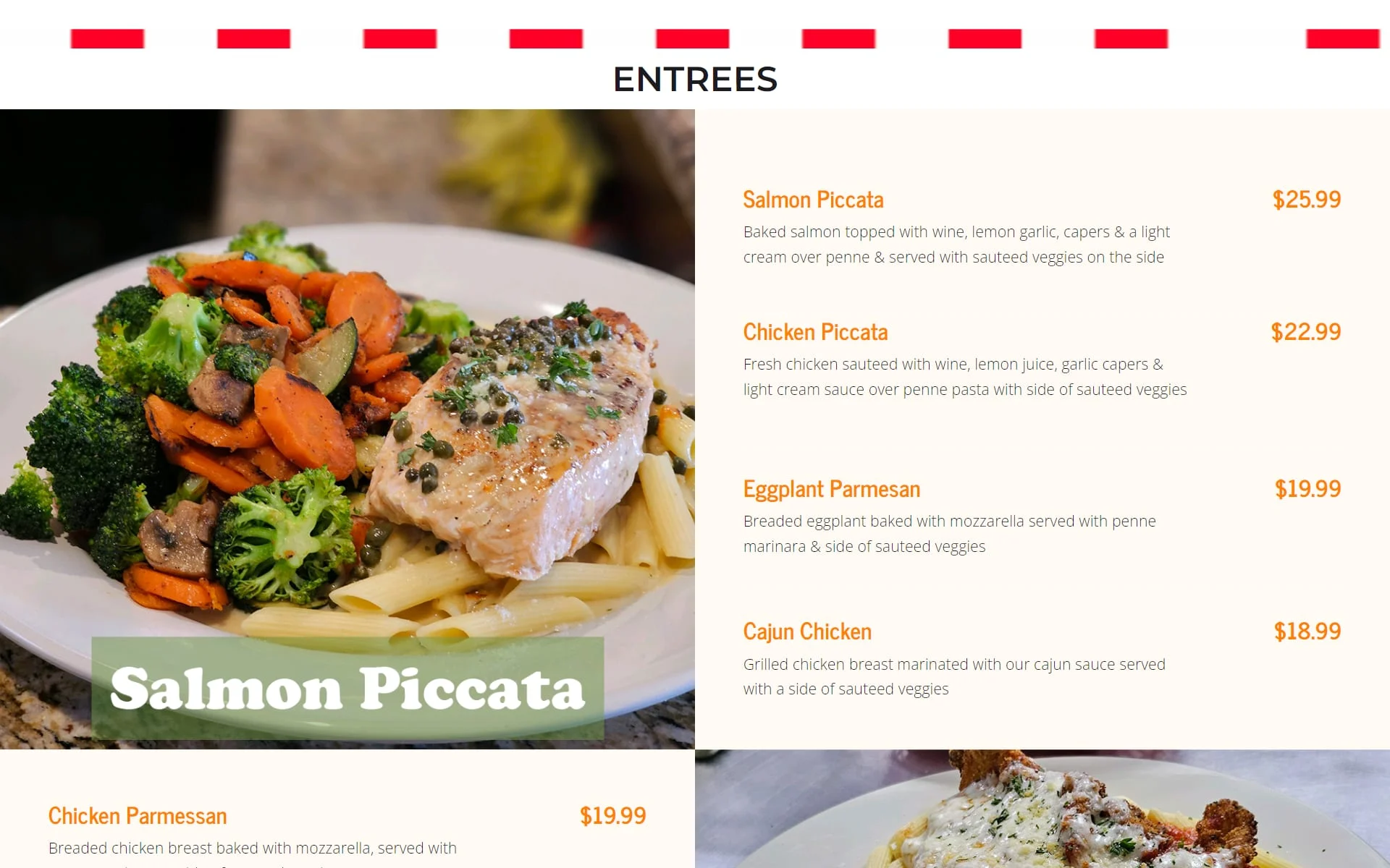 Fratelli's Entrees menu: a Salmon Piccata photo beside dishes, descriptions and prices