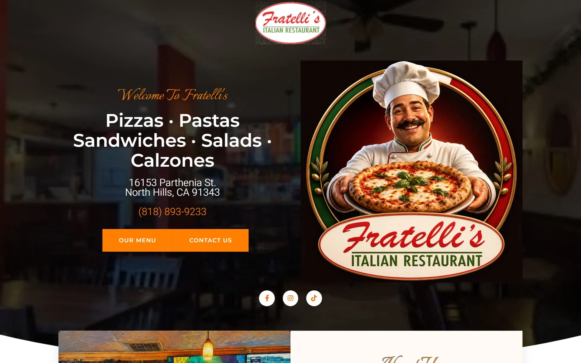 Fratelli's Italian Restaurant homepage: “Pizzas · Pastas · Sandwiches · Salads · Calzones” beside the smiling-chef pizza logo