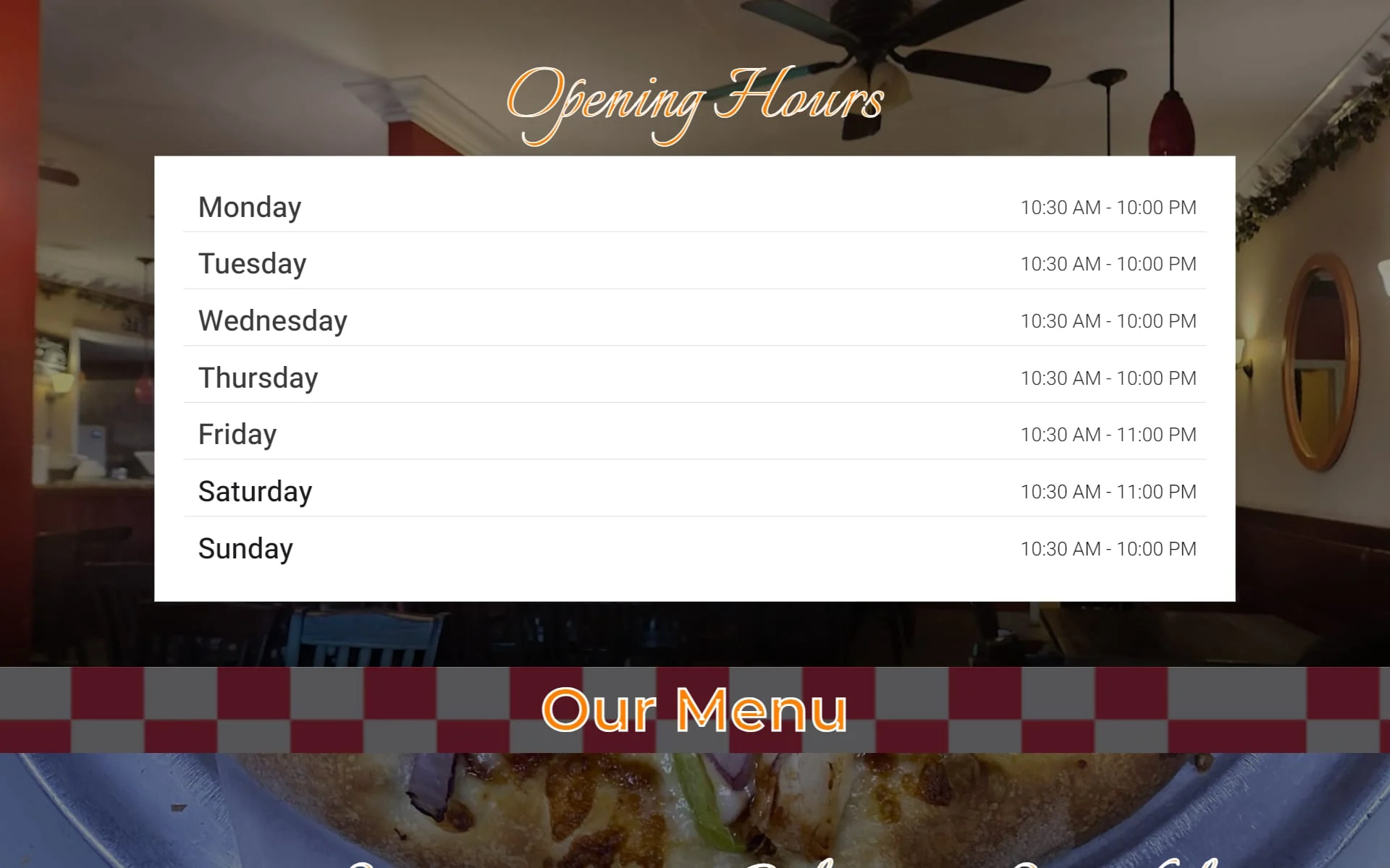 Fratelli's opening hours for every day of the week in a white card over a photo of the dining room