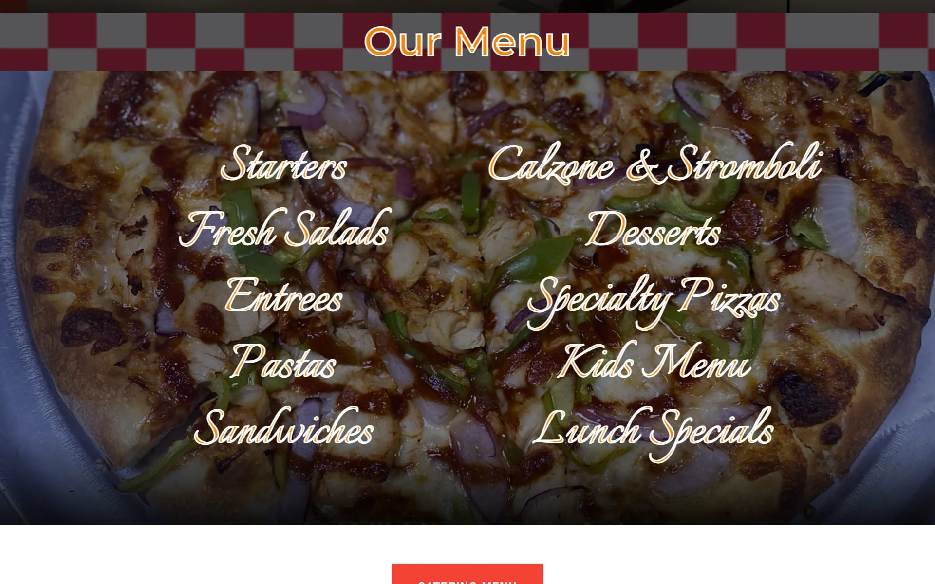 “Our Menu” section with ten script-lettered menu categories over a pizza photo
