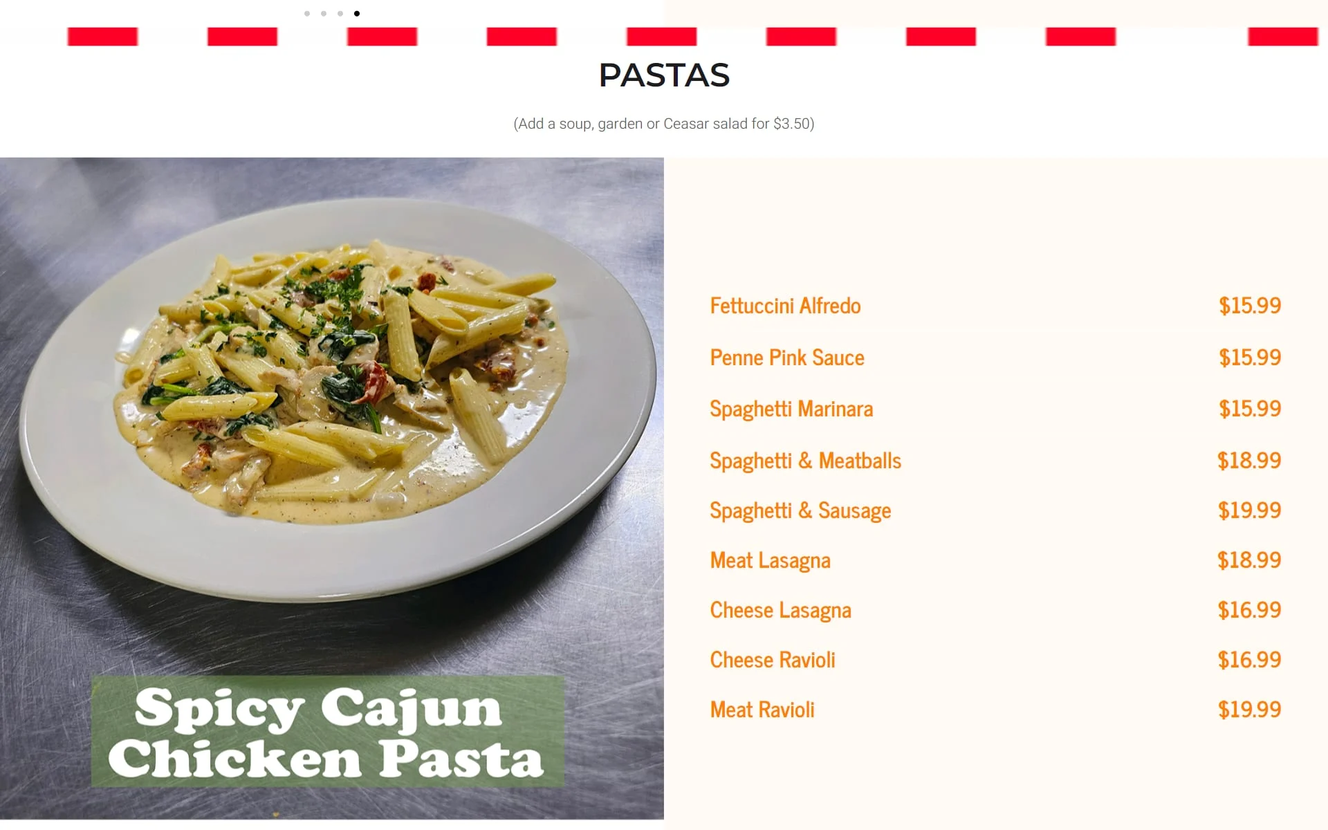 Fratelli's Pastas menu with a Spicy Cajun Chicken Pasta photo and a price list