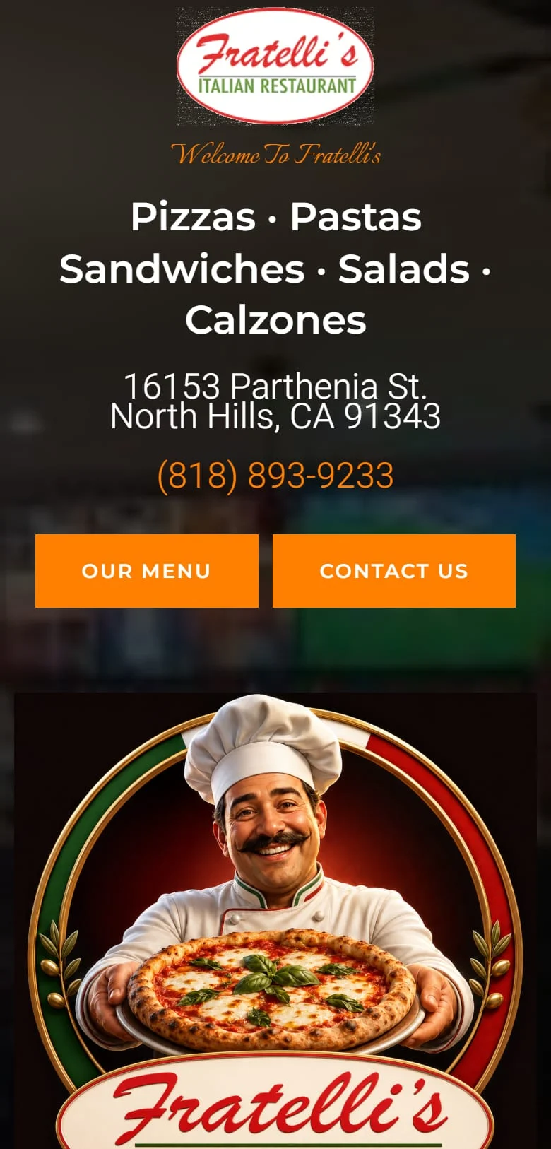 Fratelli's mobile homepage with the address, phone number and Our Menu / Contact Us buttons