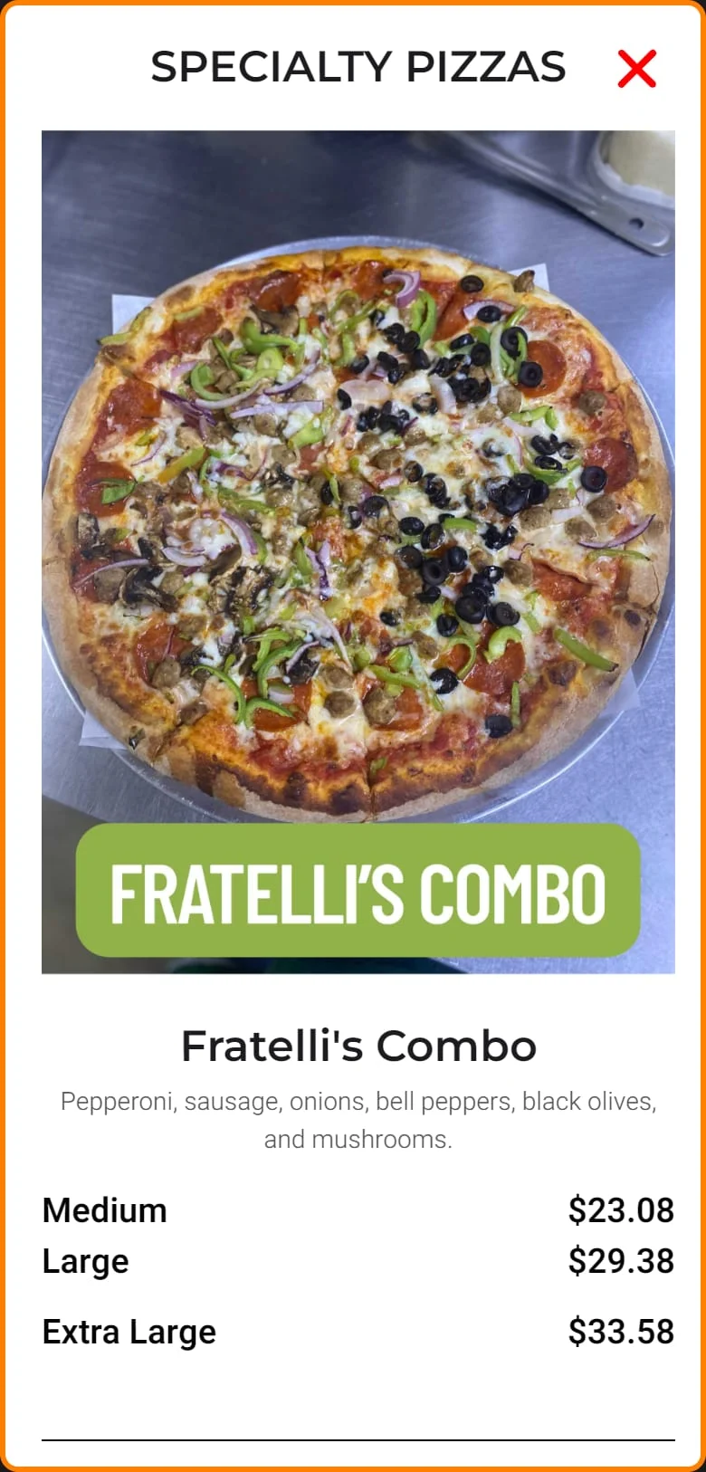 Specialty Pizzas menu pop-up on a phone showing the Fratelli's Combo with medium, large and extra-large prices