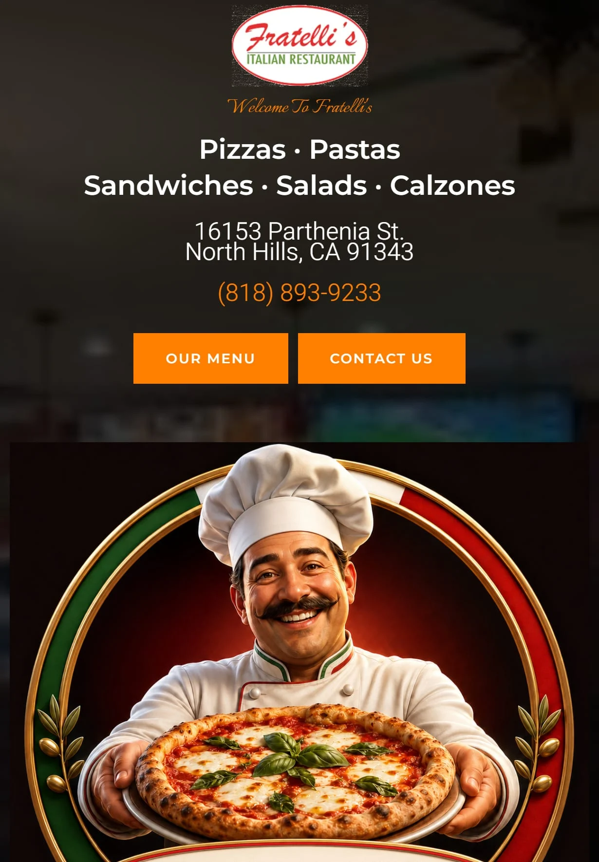 Fratelli's Italian Restaurant homepage on a tablet